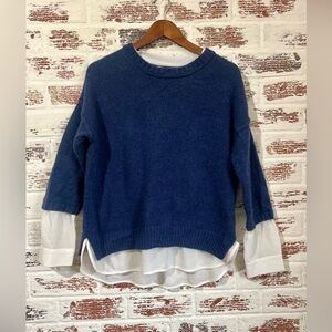 Brochu Walker Pullover Sweater Wool Cashmere Faux Layered Look Blue Cream Sz M